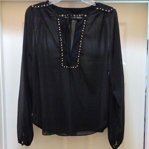 HYFVE Black Stud And Suede Like Embellished Long Sleeve Shear Top